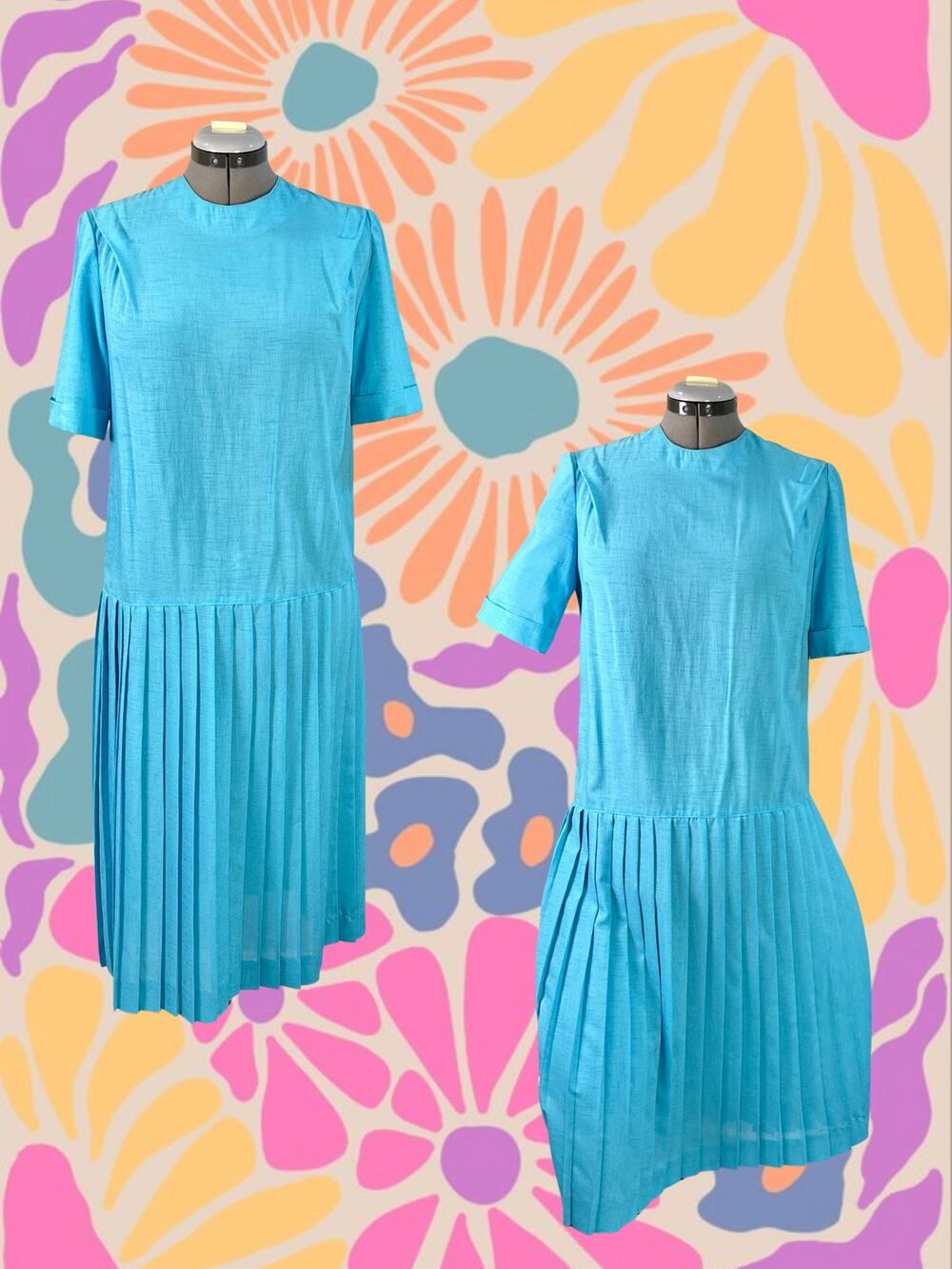 Volup Vintage 60s 70s Missy H Aqua Drop Waist Accordion Skirt Dress Size XL